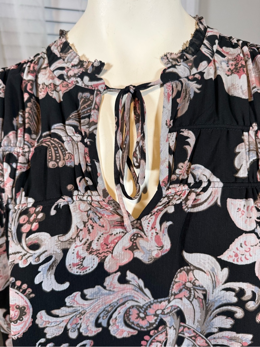 LOFT Black Floral Paisley Pintuck Tie-Neck Mini Dress - Picture 7 of 9